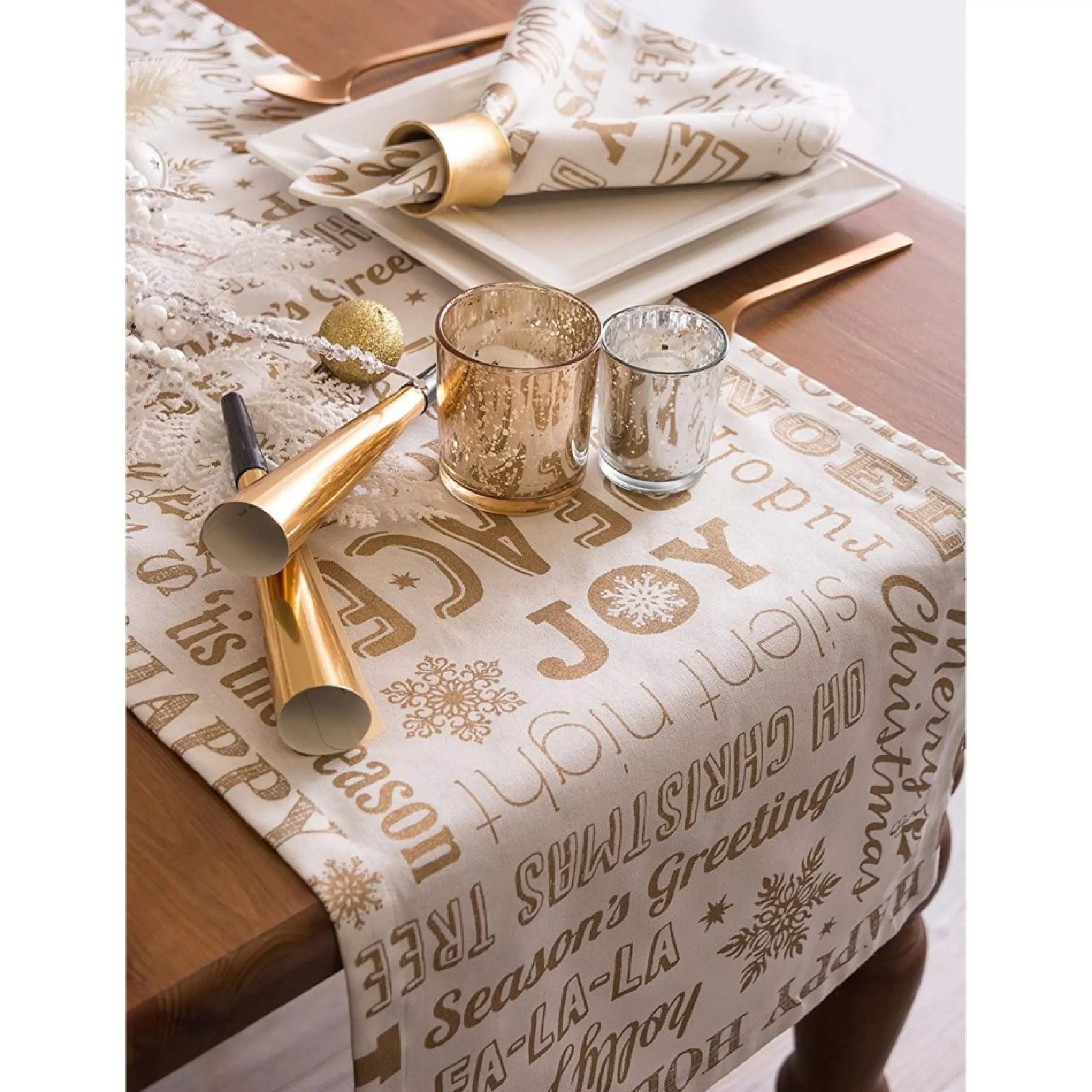 Linens*Contemporary Home Living 108" Gold And White Christmas College Printed Table Runner