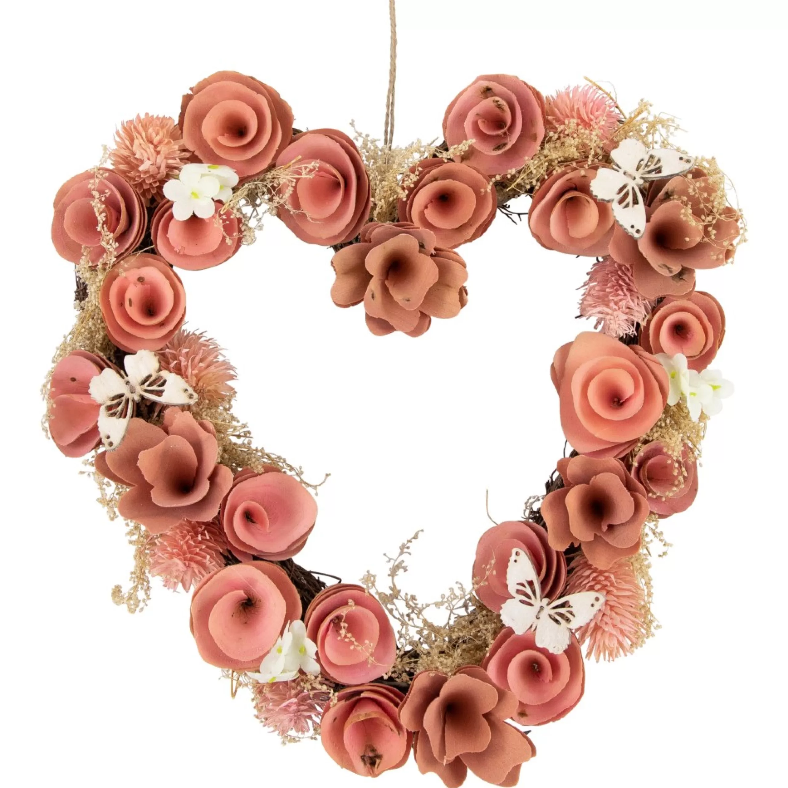 Specialty Wreaths*Northlight 10" Pink Wooden Rose Heart Spring Wreath With Butterflies