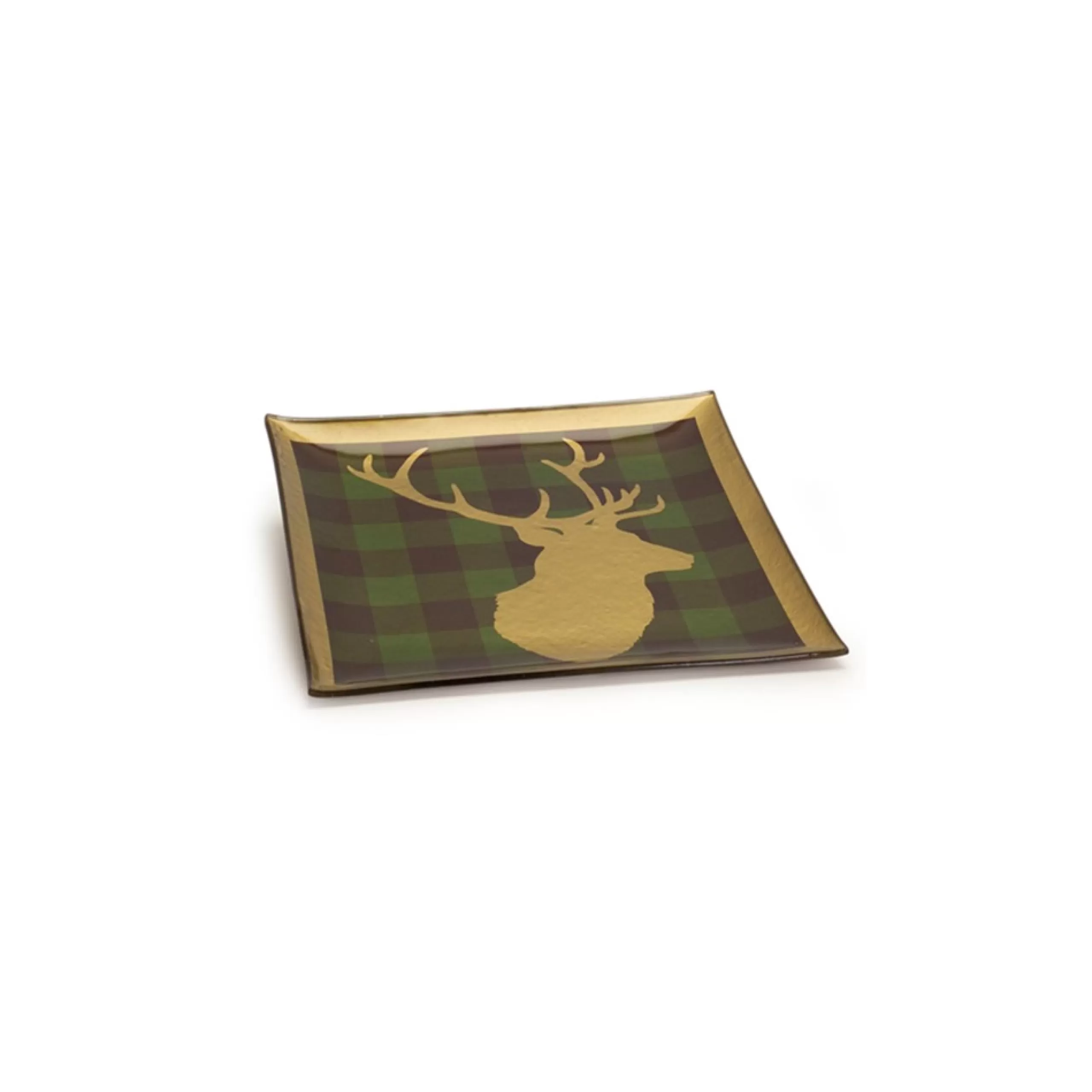 Serving Pieces*Melrose 11.5" Gold And Green Deer Head Plaid Square Plate