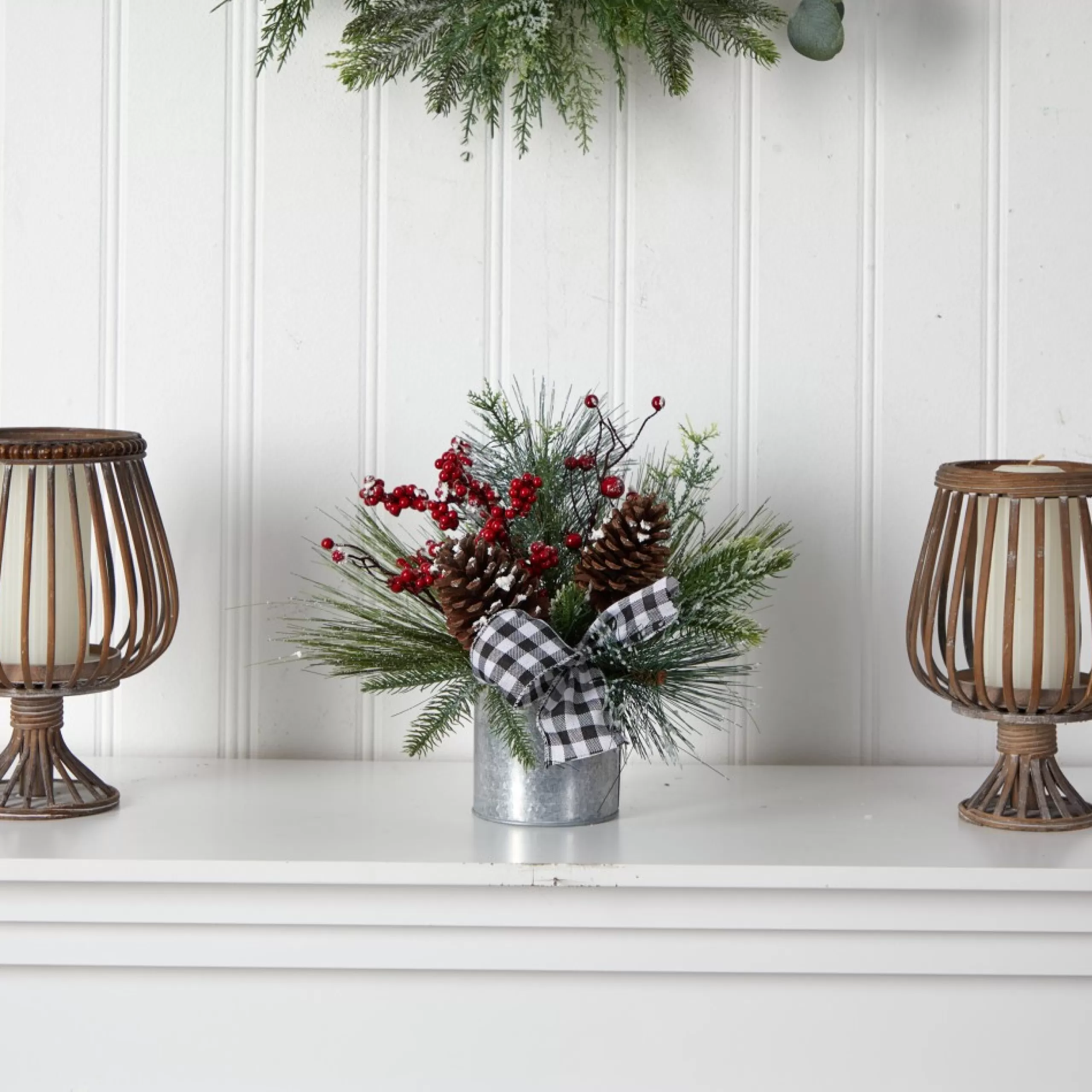 Floral*Nearly Natural 12" Frosted Pinecones And Berries Artificial Christmas Arrangement