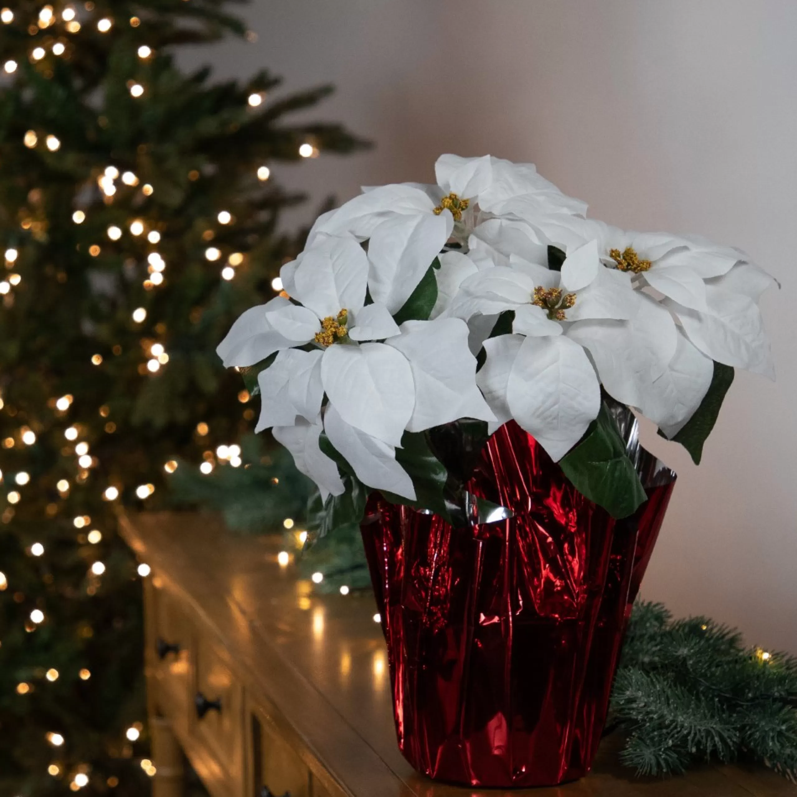 Floral*Northlight 14.5" White Artificial Christmas Poinsettia With Red Wrapped Base