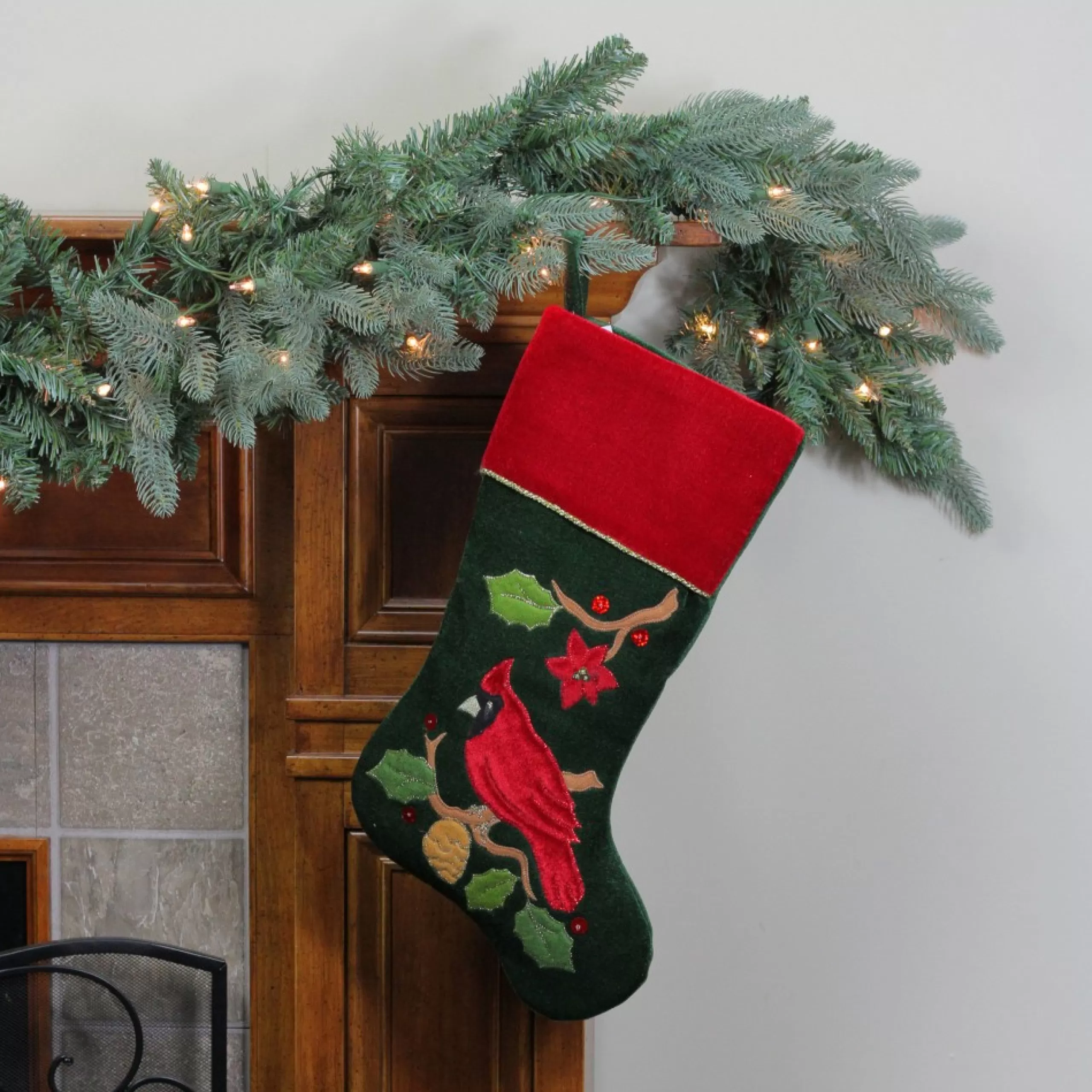 Stockings*Northlight 20.5" Red And Green Cardinal Embroidered Christmas Stocking