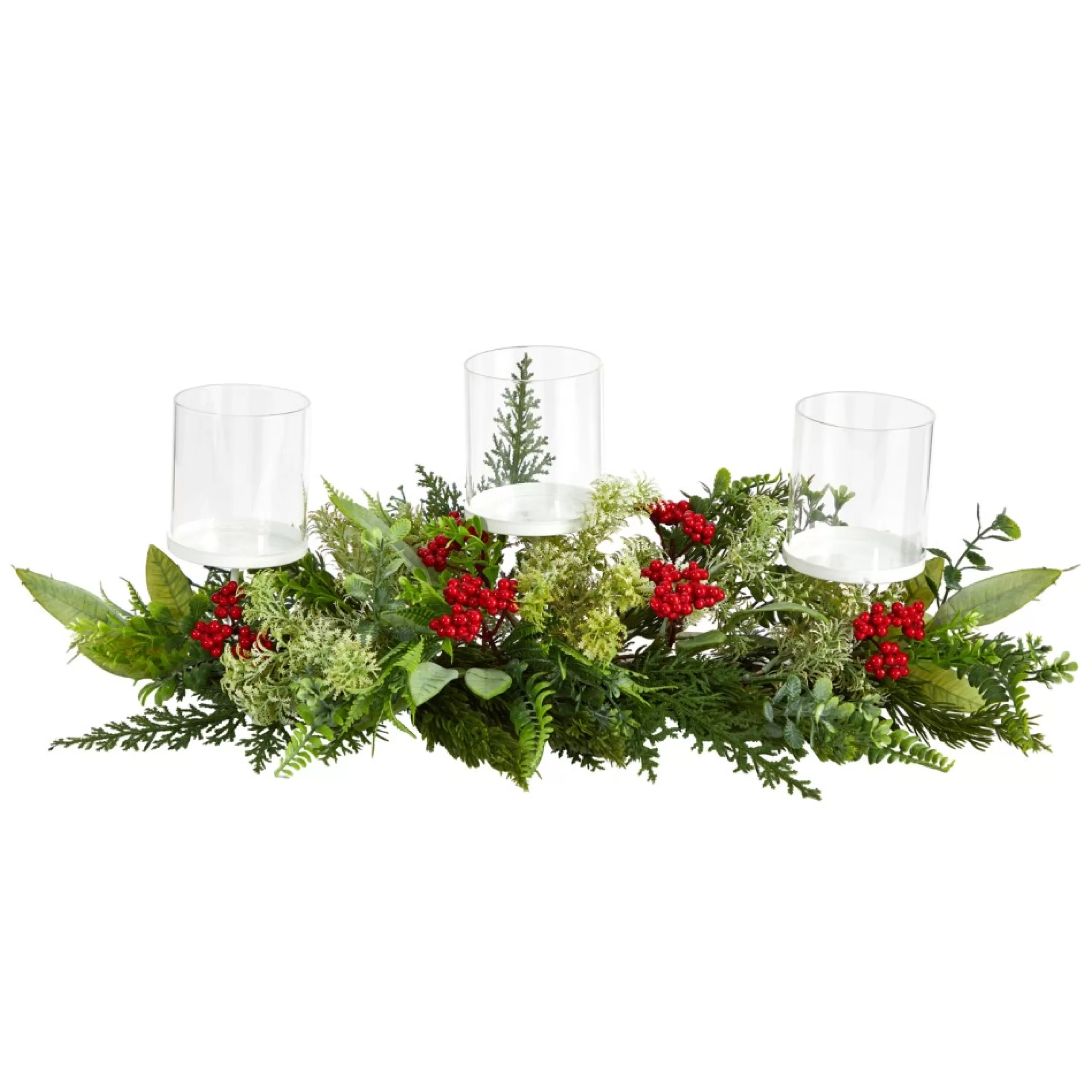 Floral*Nearly Natural 20" Green And Red Berries Christmas Triple Candelabrum