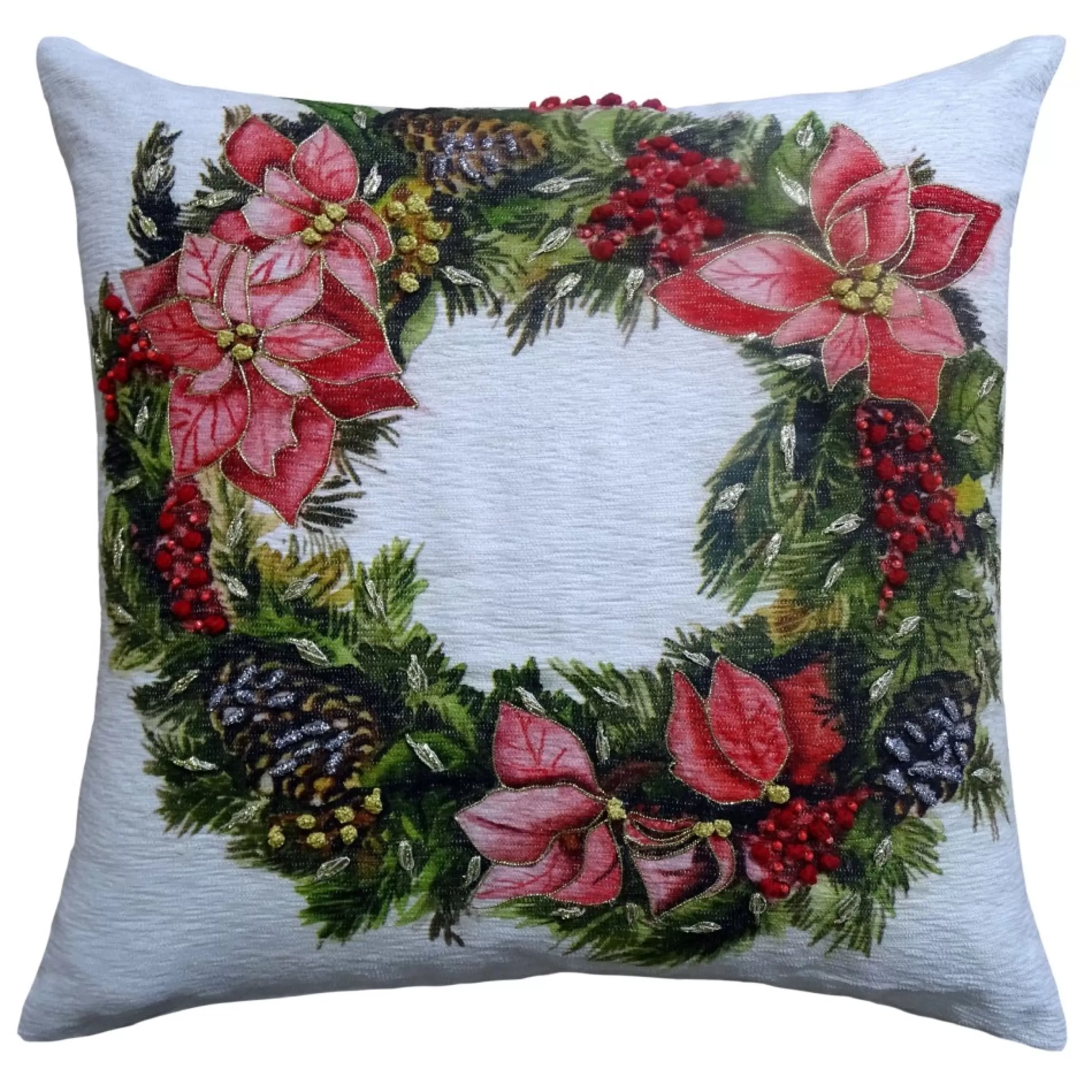 Pillows & Throws*Contemporary Home Living 20" White And Green Handloomed Christmas Wreath Throw Pillow