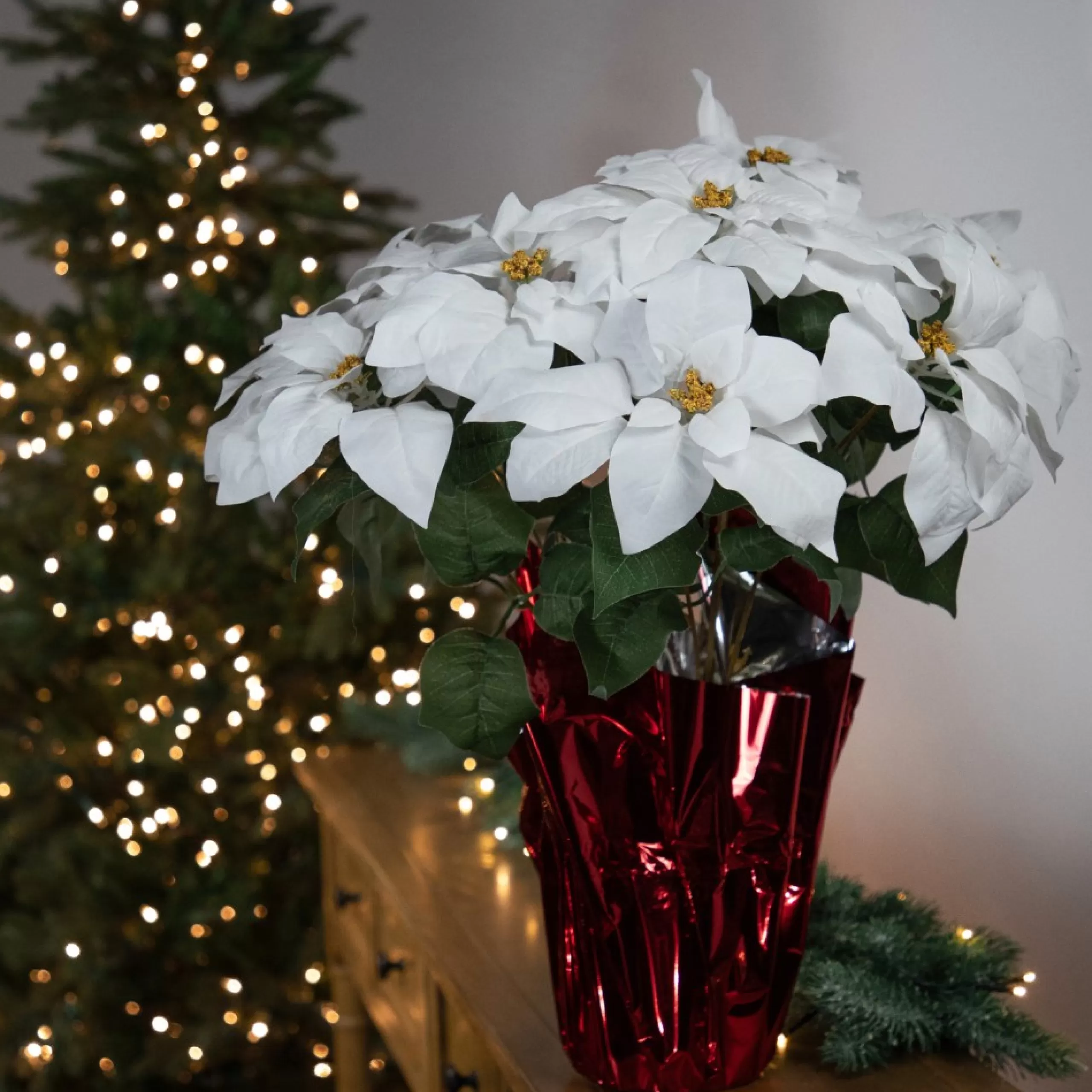 Floral*Northlight 22" White Artificial Christmas Poinsettia With Red Wrapped Pot