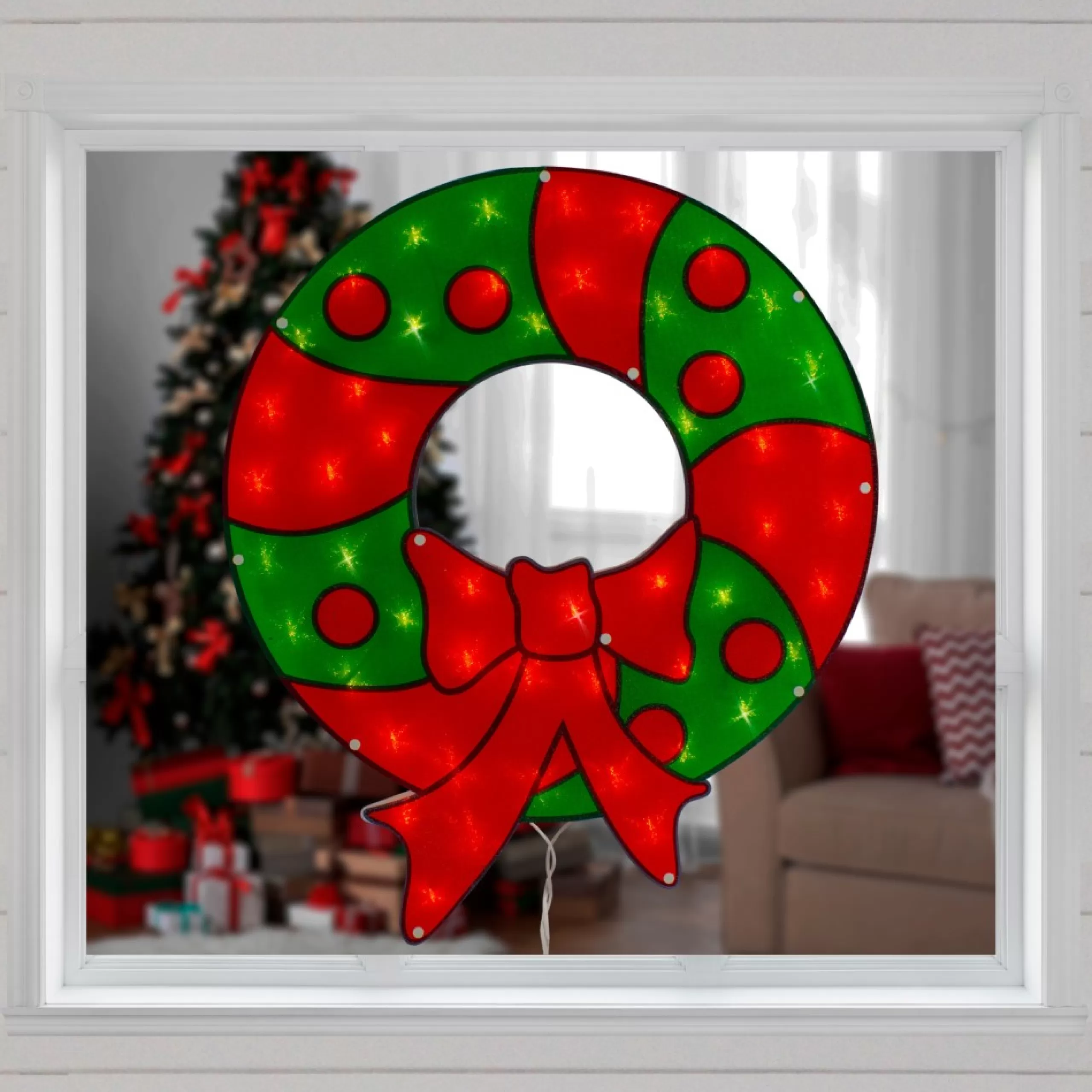 Window Decorations*Northlight 23" Lighted Red And Green Christmas Wreath Window Silhouette