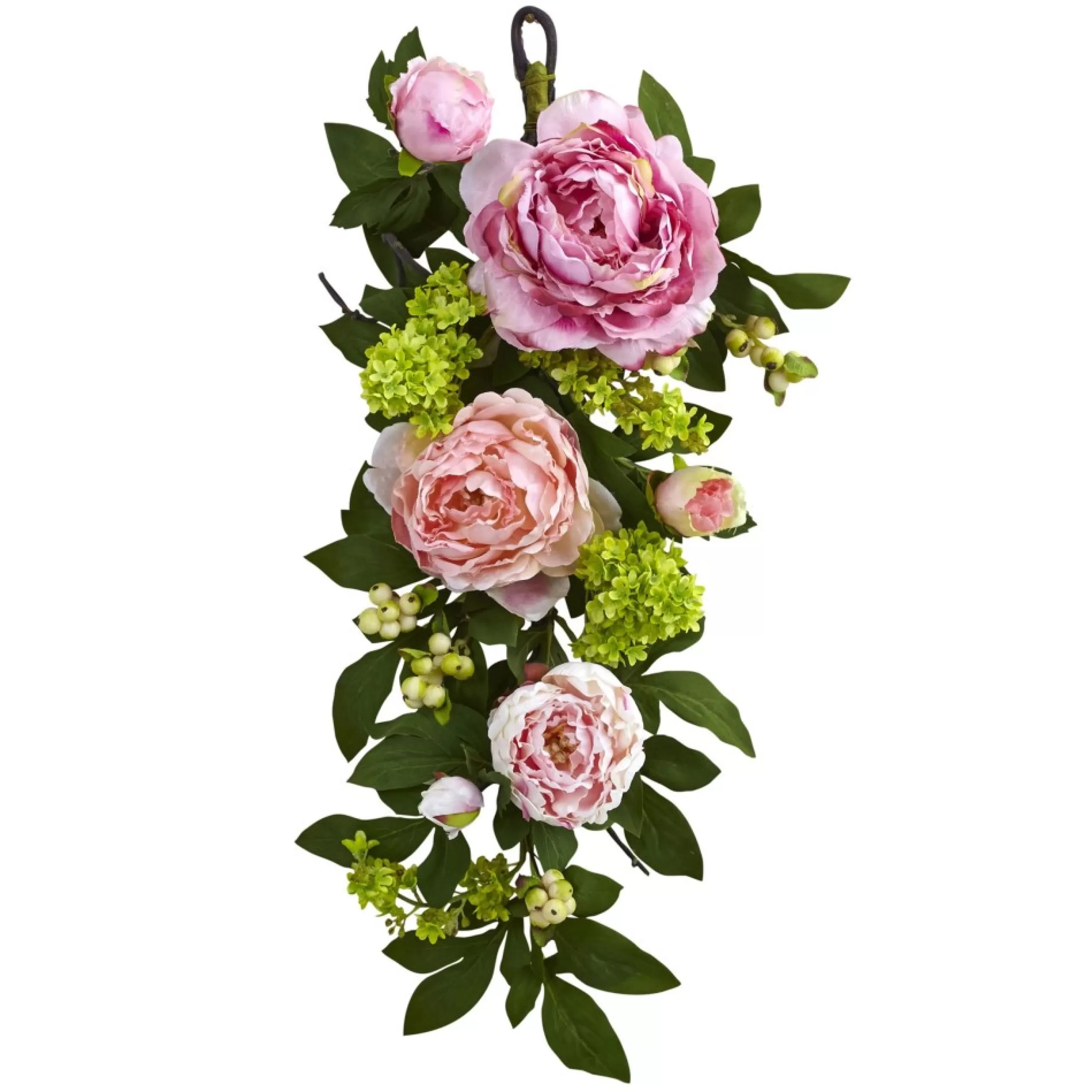 Unlit Swags*Nearly Natural 24" Peony And Hydrangea Artificial Spring Teardrop Swag, Unlit