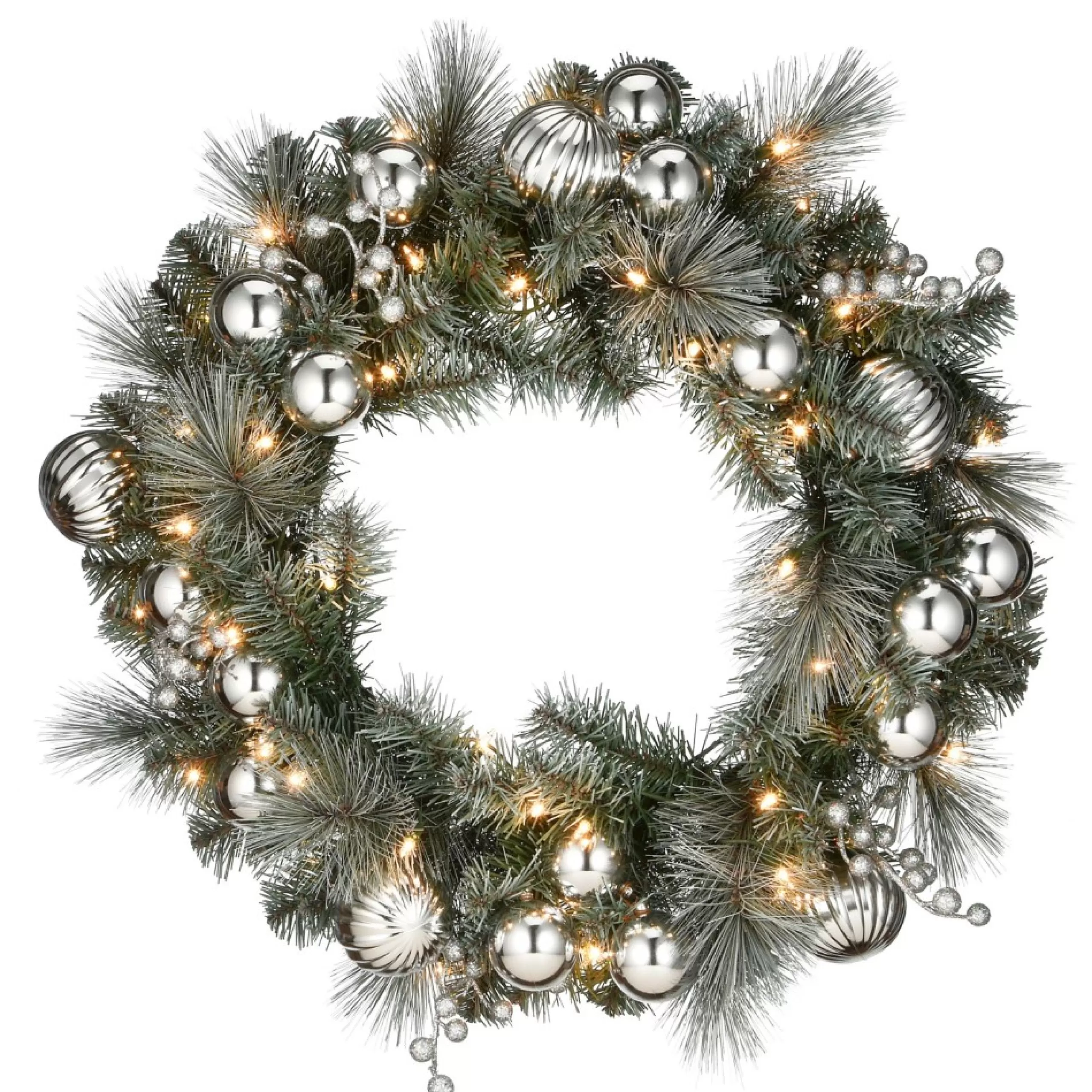 Frosted, Flocked, Iced Wreaths*National Tree Company 24" Pre-Lit Frosted Silver Pine Wreath, Warm White Lights