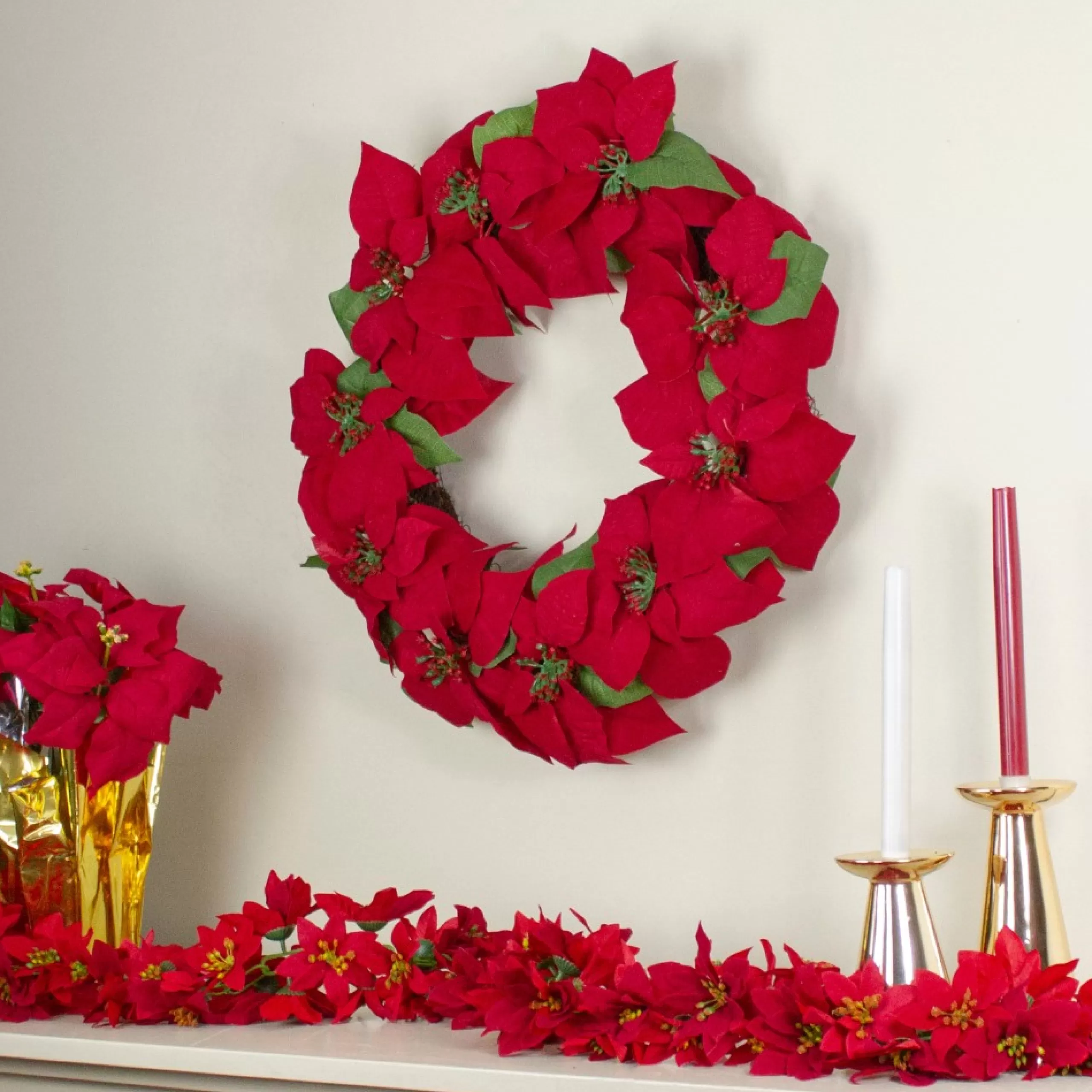 Specialty Wreaths*Northlight 24" Red Artificial Poinsettia Flower Christmas Wreath - Unlit