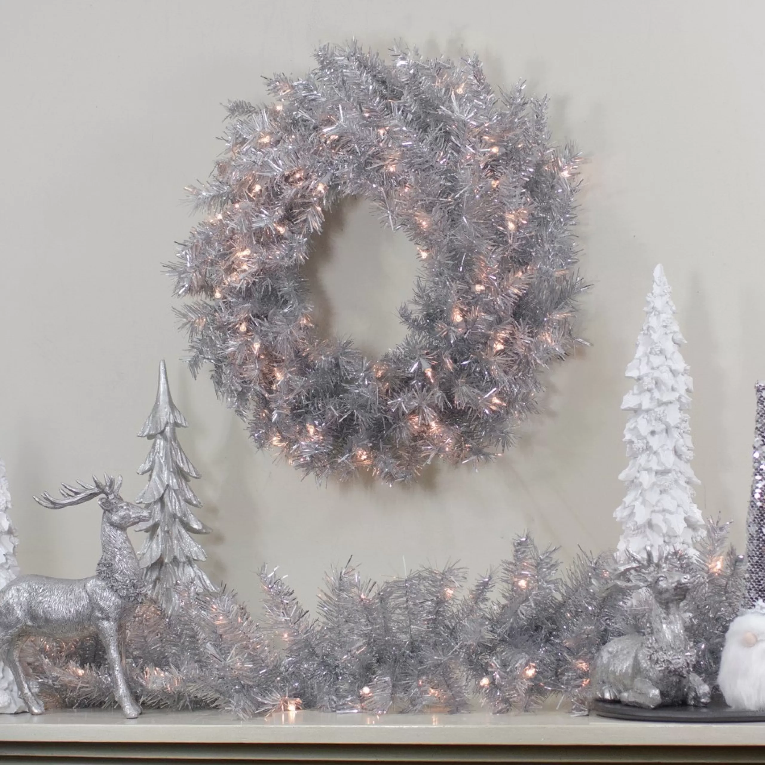 Pre-Lit Wreaths*Northlight 24" Silver Tinsel Artificial Christmas Wreath, Clear Lights