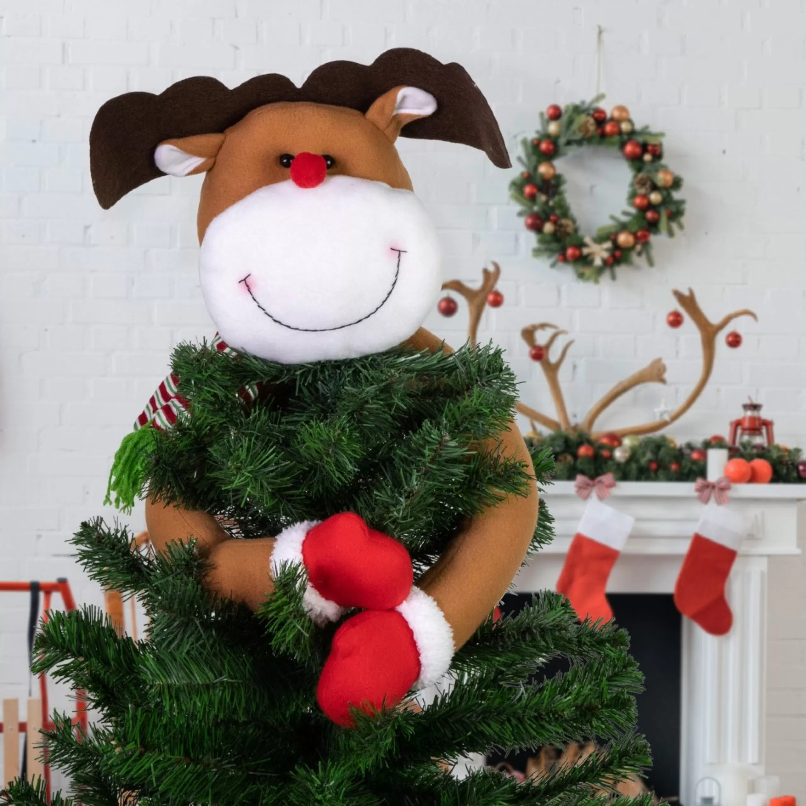 Unlit Tree Toppers*Northlight 26" Plush Reindeer Christmas Tree Topper, Unlit