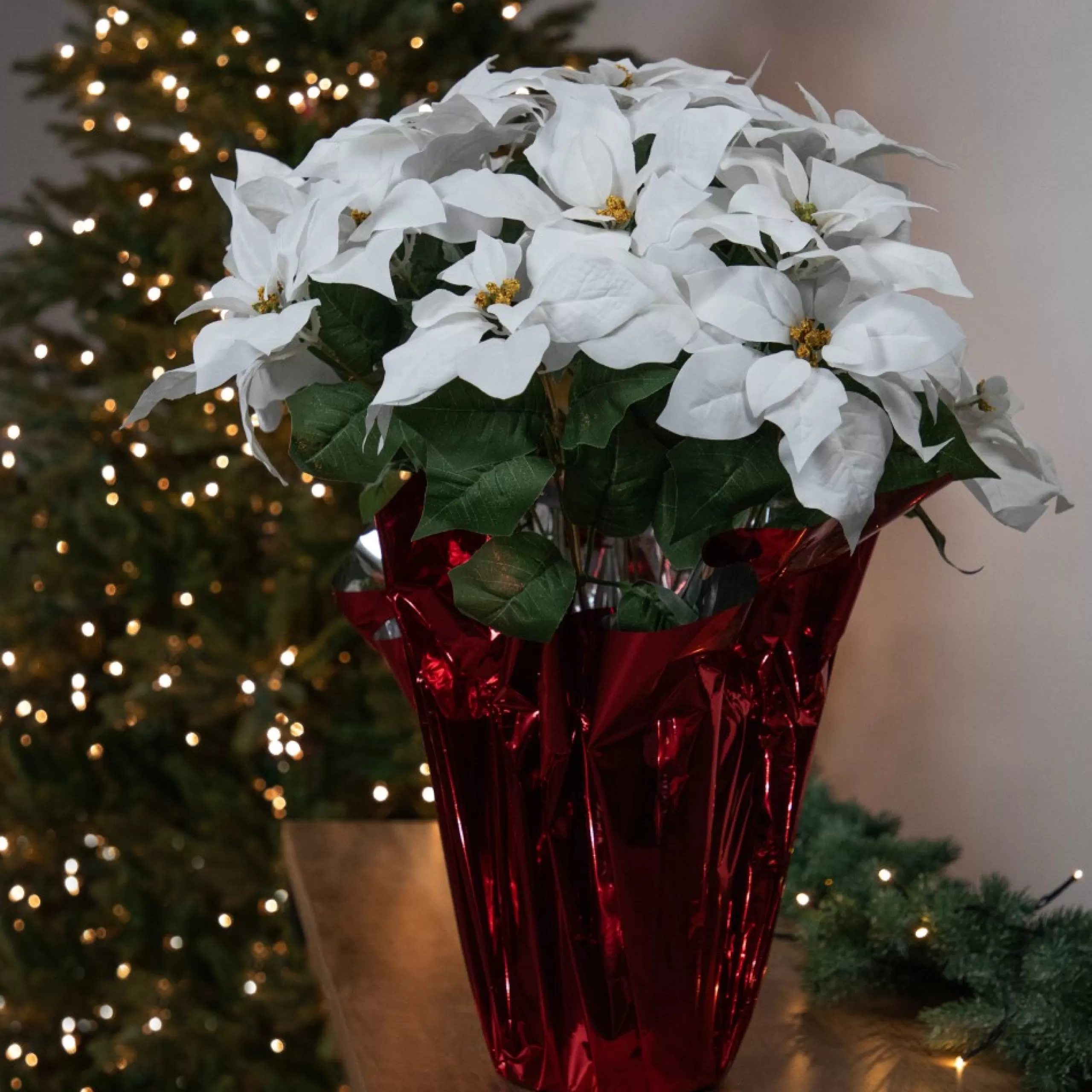 Floral*Northlight 26" White Artificial Christmas Poinsettia With Red Wrapped Base