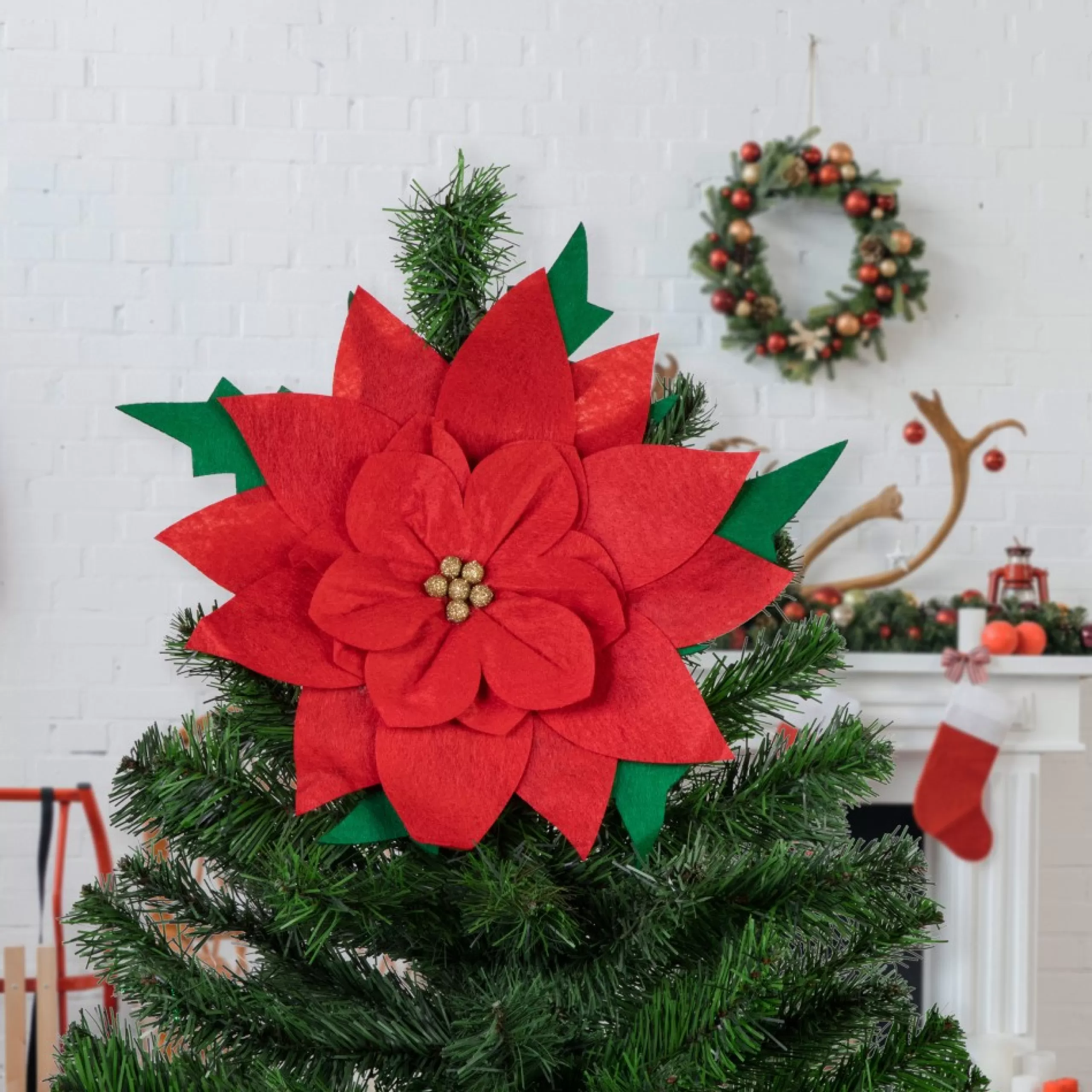 Unlit Tree Toppers*Northlight 29" Red Poinsettia Tie-On Christmas Tree Topper, Unlit