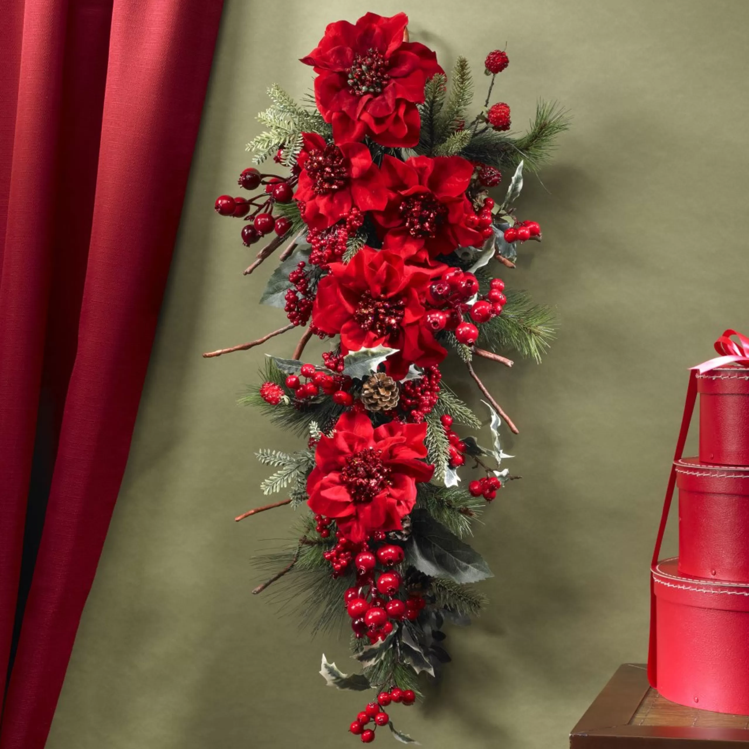 Unlit Swags*Nearly Natural 30" Poinsettia Artificial Christmas Teardrop Swag, Unlit