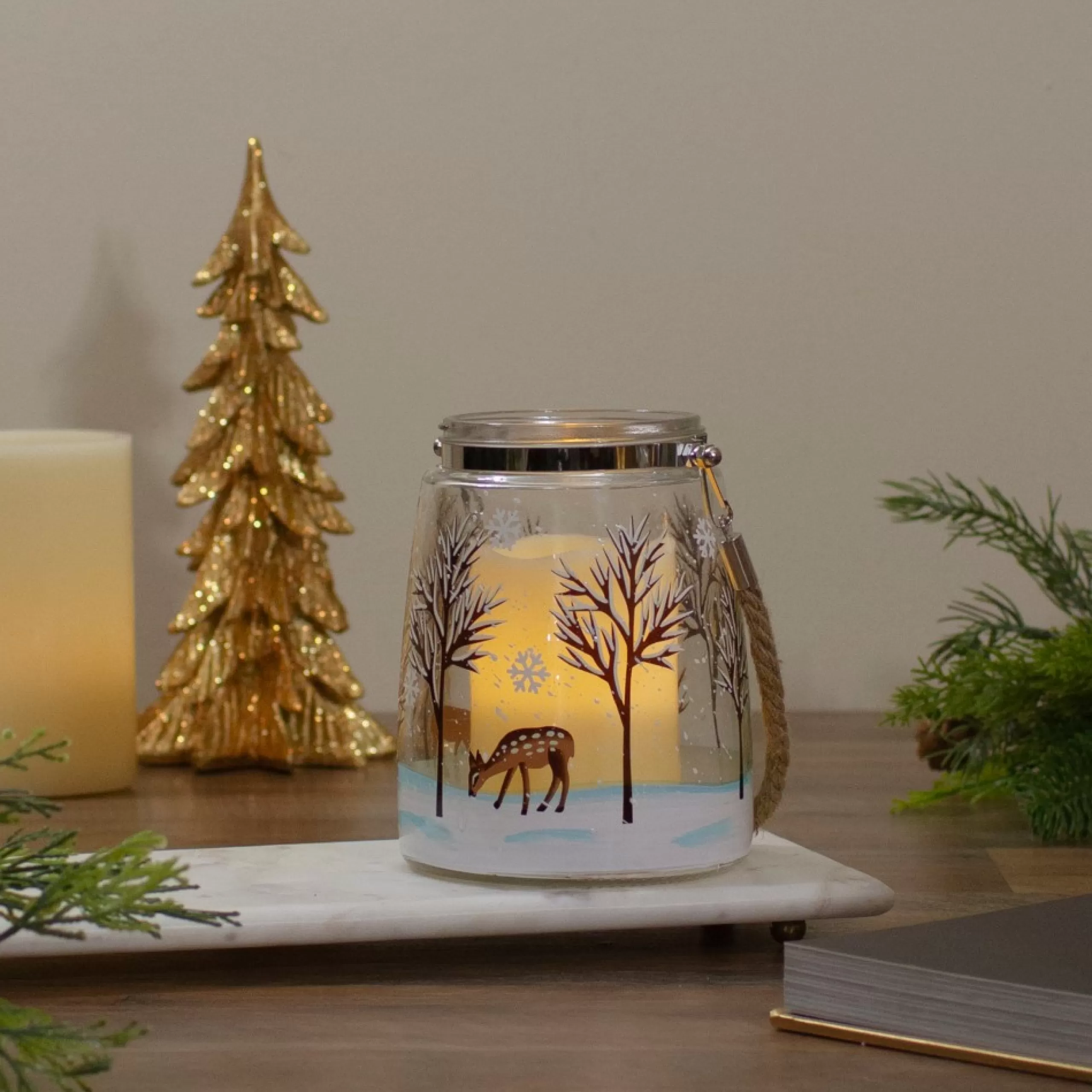 Candles & Holders*Northlight 6.25" Trees And Fawns Flameless Glass Candle Lantern