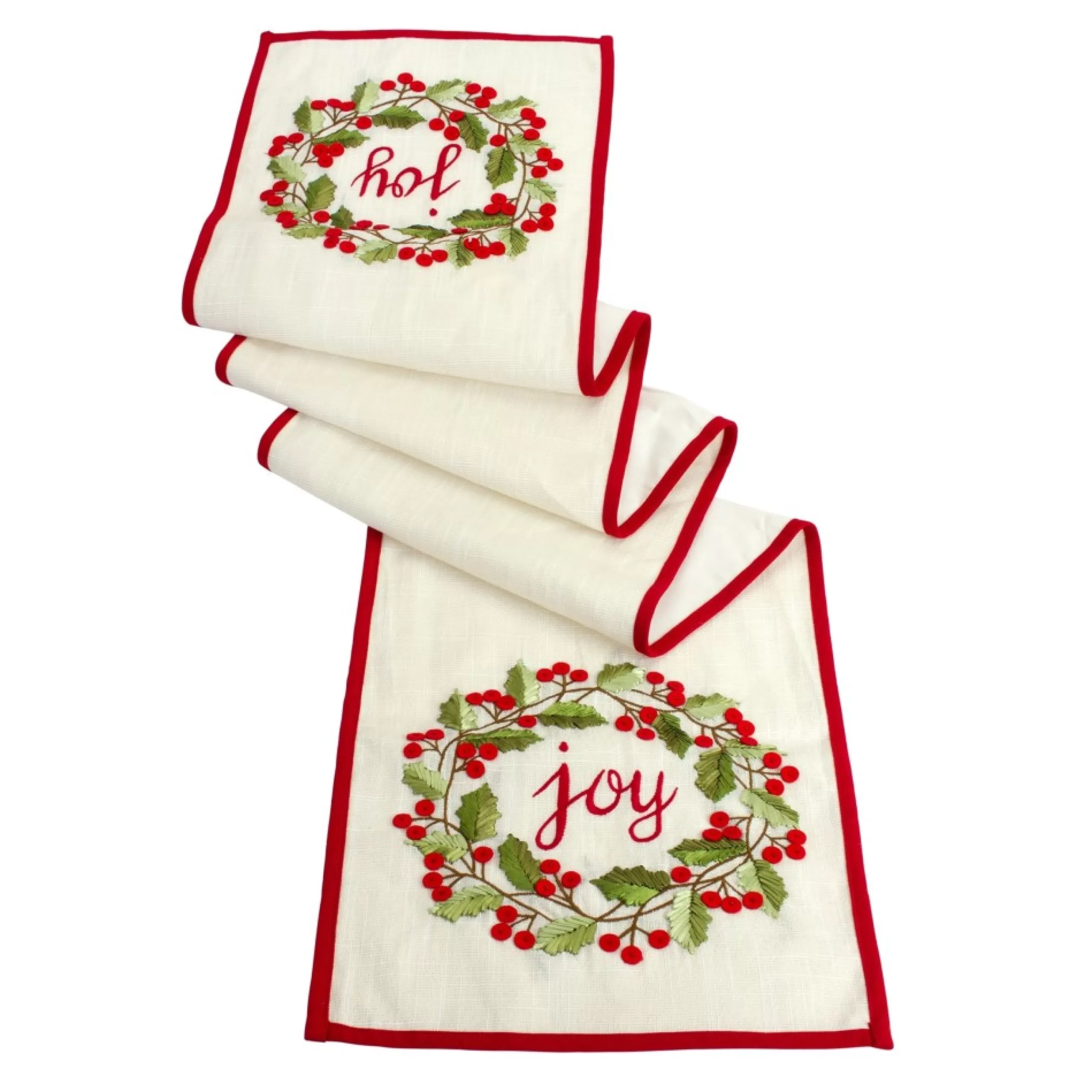 Linens*Melrose 72" Holly Wreath "Joy" Christmas Table Runner