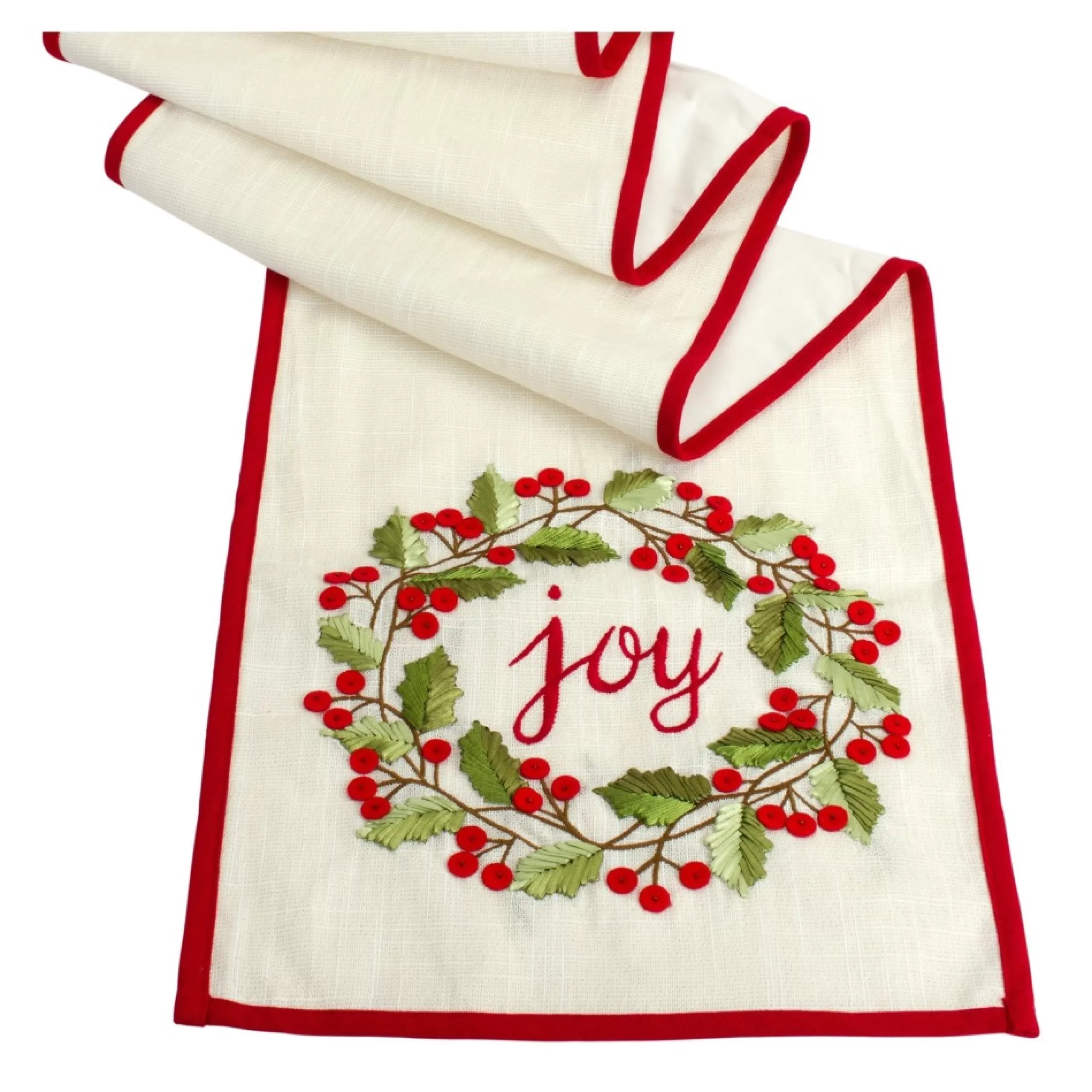 Linens*Melrose 72" Holly Wreath "Joy" Christmas Table Runner