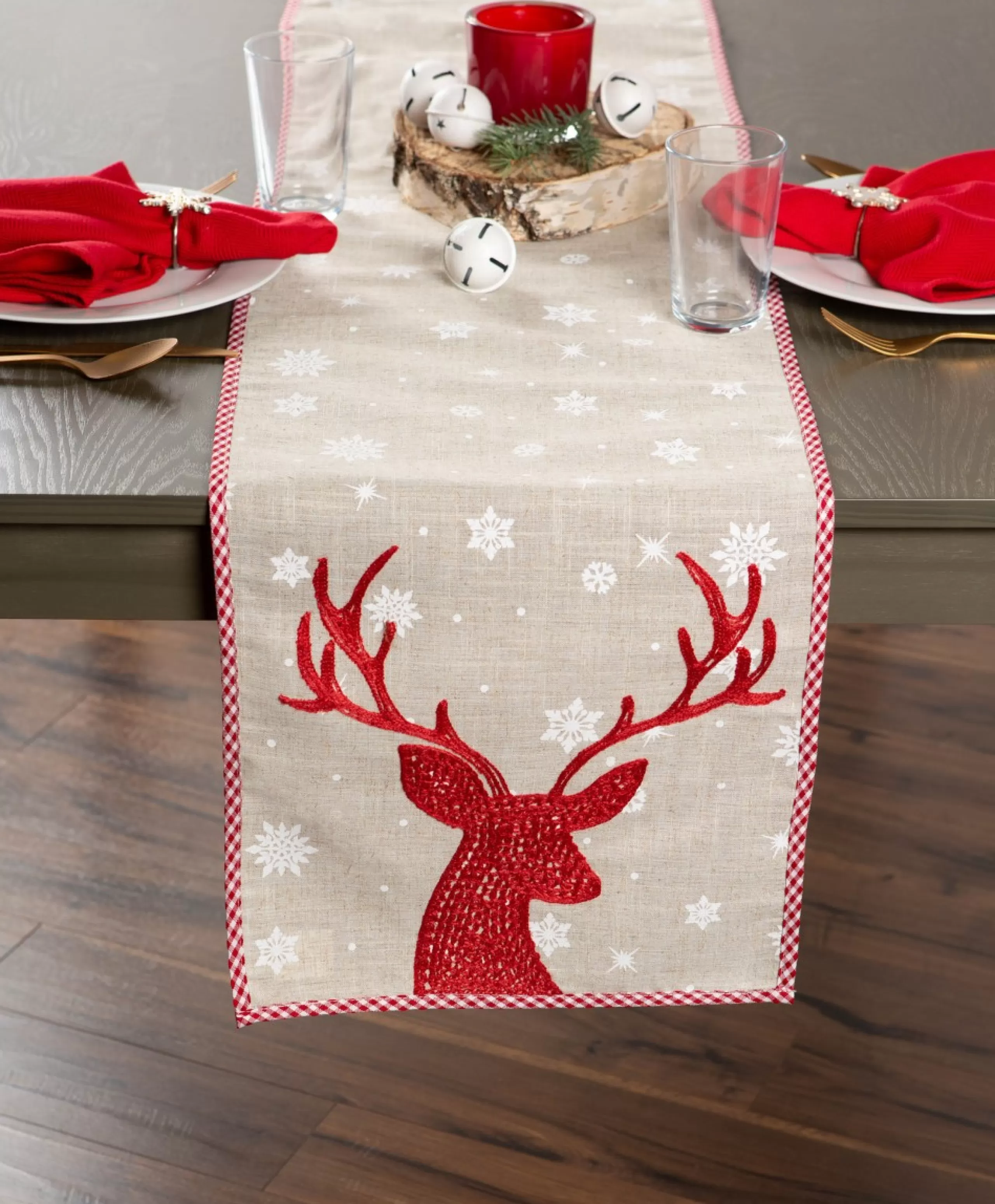 Linens*Contemporary Home Living 72" Red Reindeer And Snowflakes Embroidered Christmas Table Runner