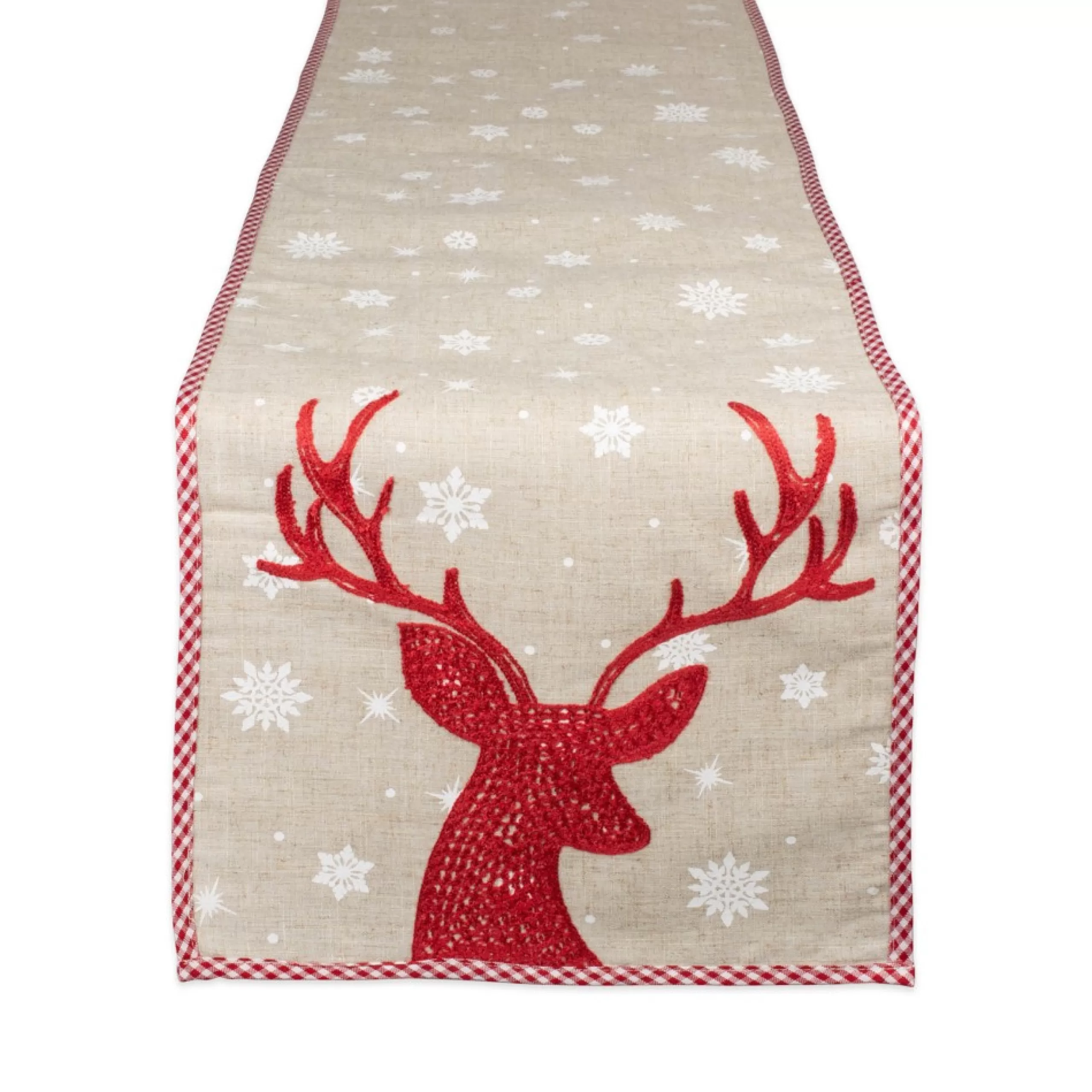 Linens*Contemporary Home Living 72" Red Reindeer And Snowflakes Embroidered Christmas Table Runner