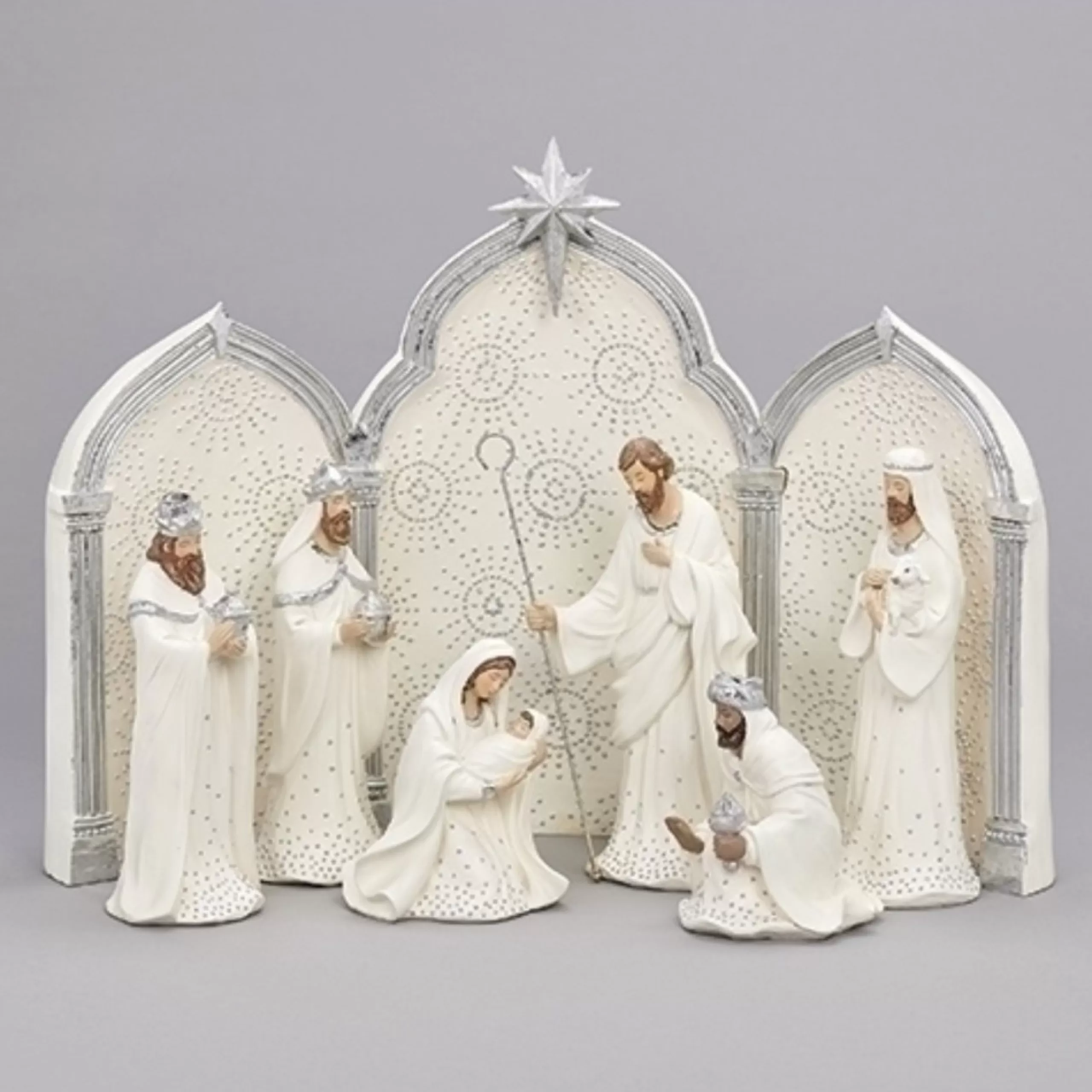 Nativities*Roman 9Pc Silver Dotted Triptych Nativity Figurine Set 11.5"