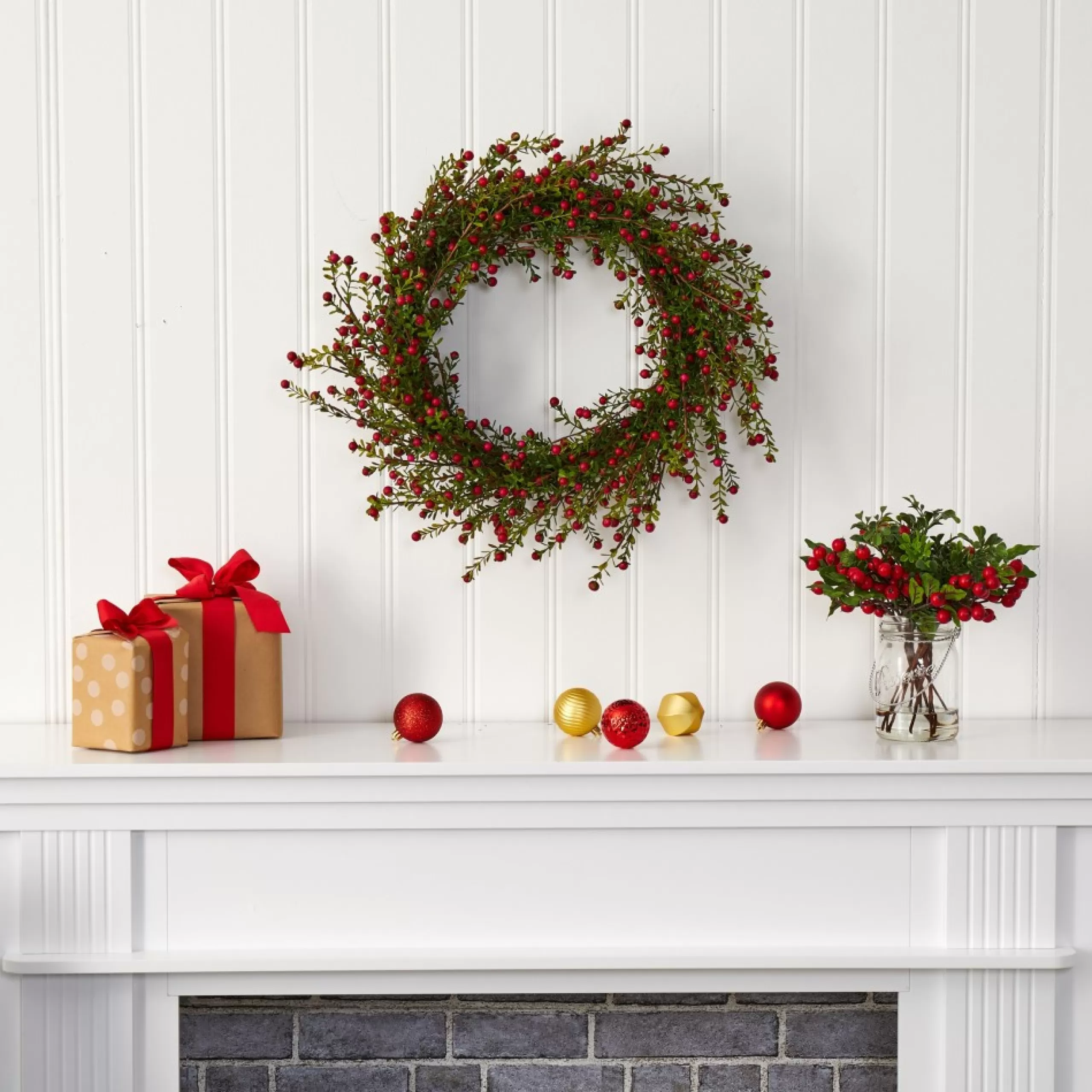 Berry Wreaths*Nearly Natural Boxwood And Berry Artificial Christmas Wreath, 20-Inch, Unlit