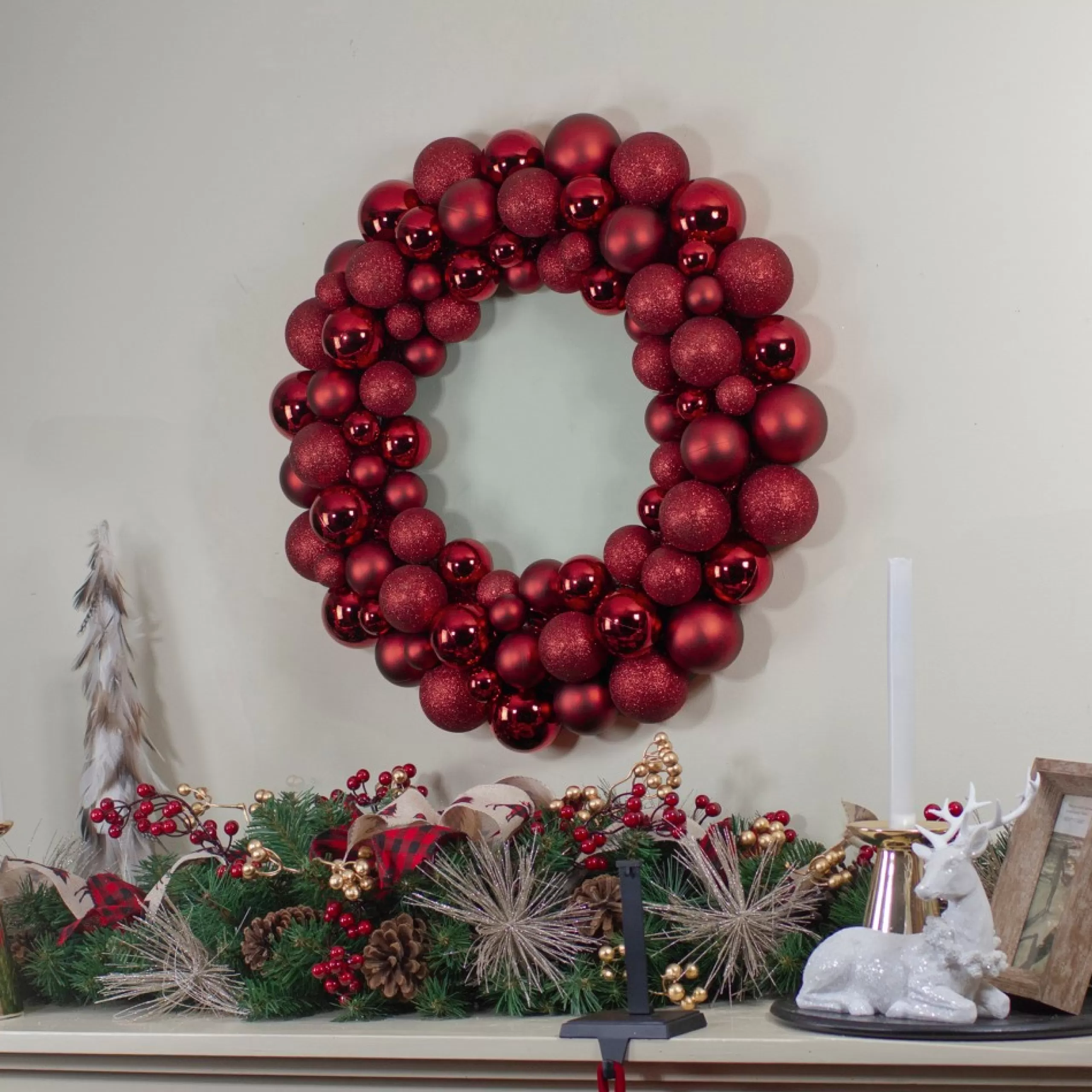 Shatterproof Ball Wreaths*Northlight Burgundy 3-Finish Shatterproof Ball Christmas Wreath - 24", Unlit