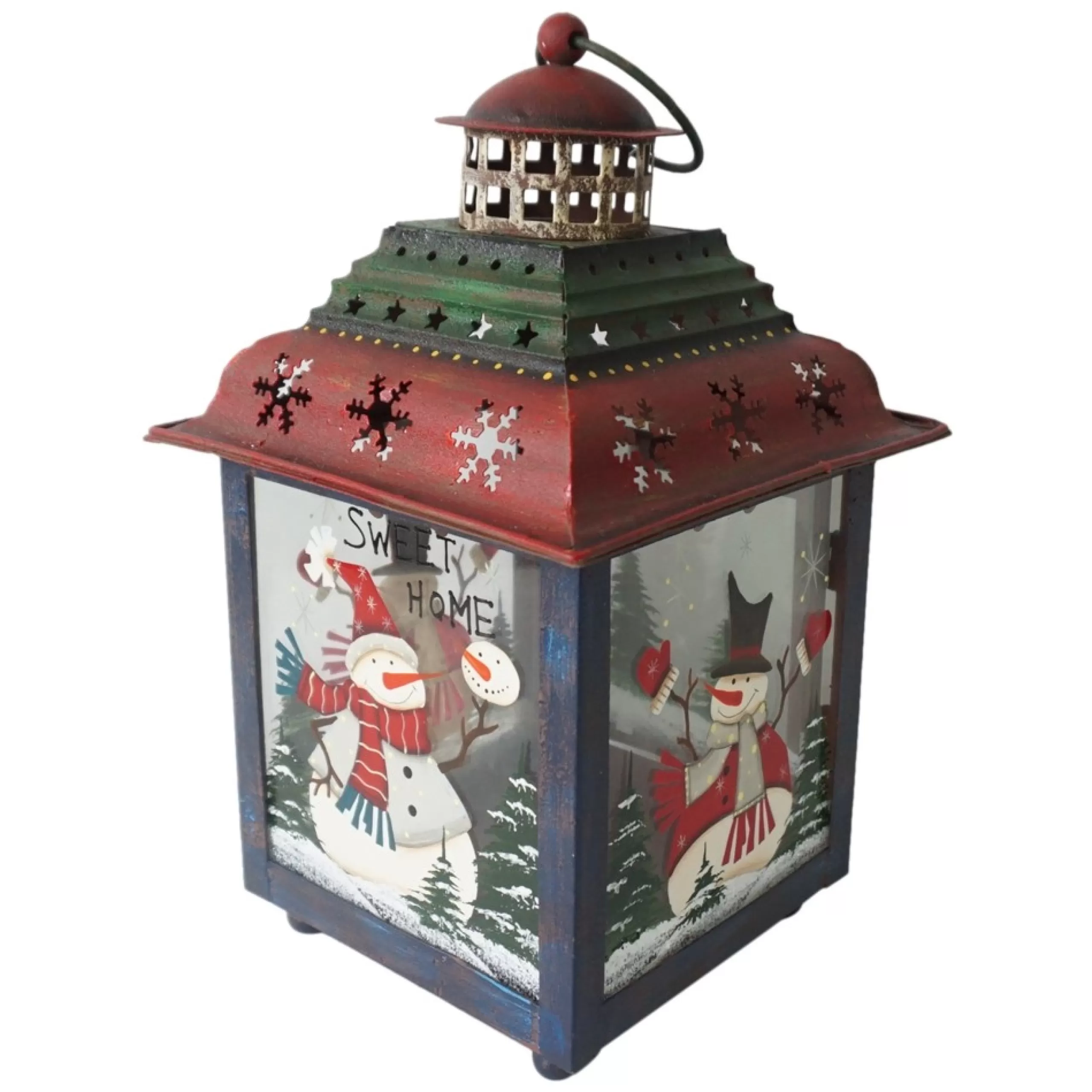 Candles & Holders*Northlight Green, Red And Blue Snowman Christmas Candle Lantern 11"