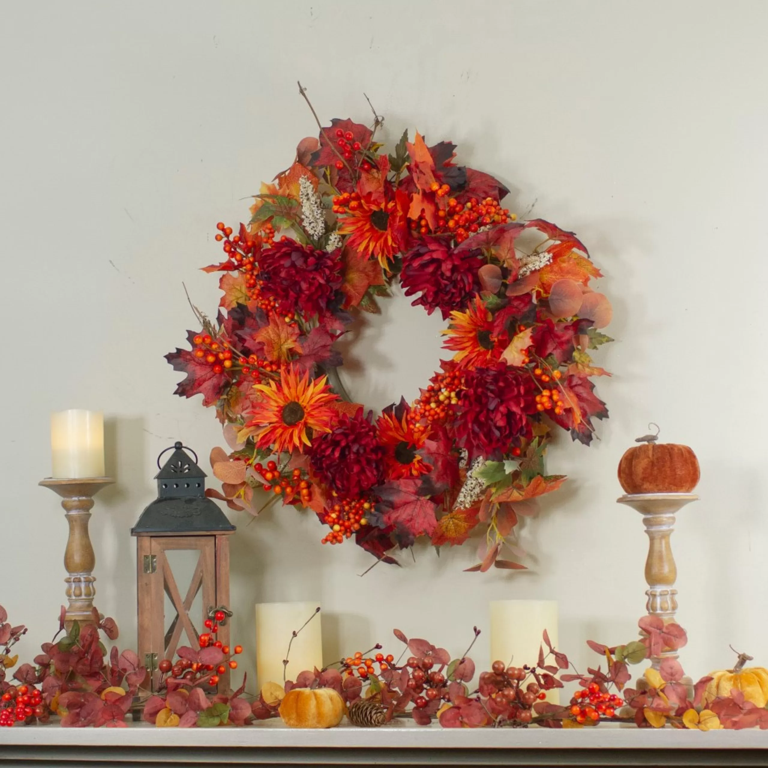 Specialty Wreaths*Northlight Leaves And Flowers Fall Harvest Wreath - 24-Inch, Unlit