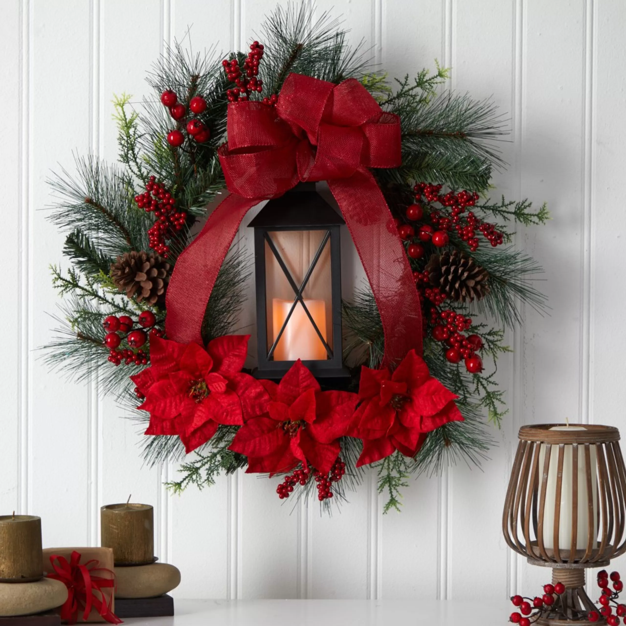 Specialty Wreaths*Nearly Natural Poinsettia And Berry Artificial Christmas Wreath With Lantern, 28-Inch