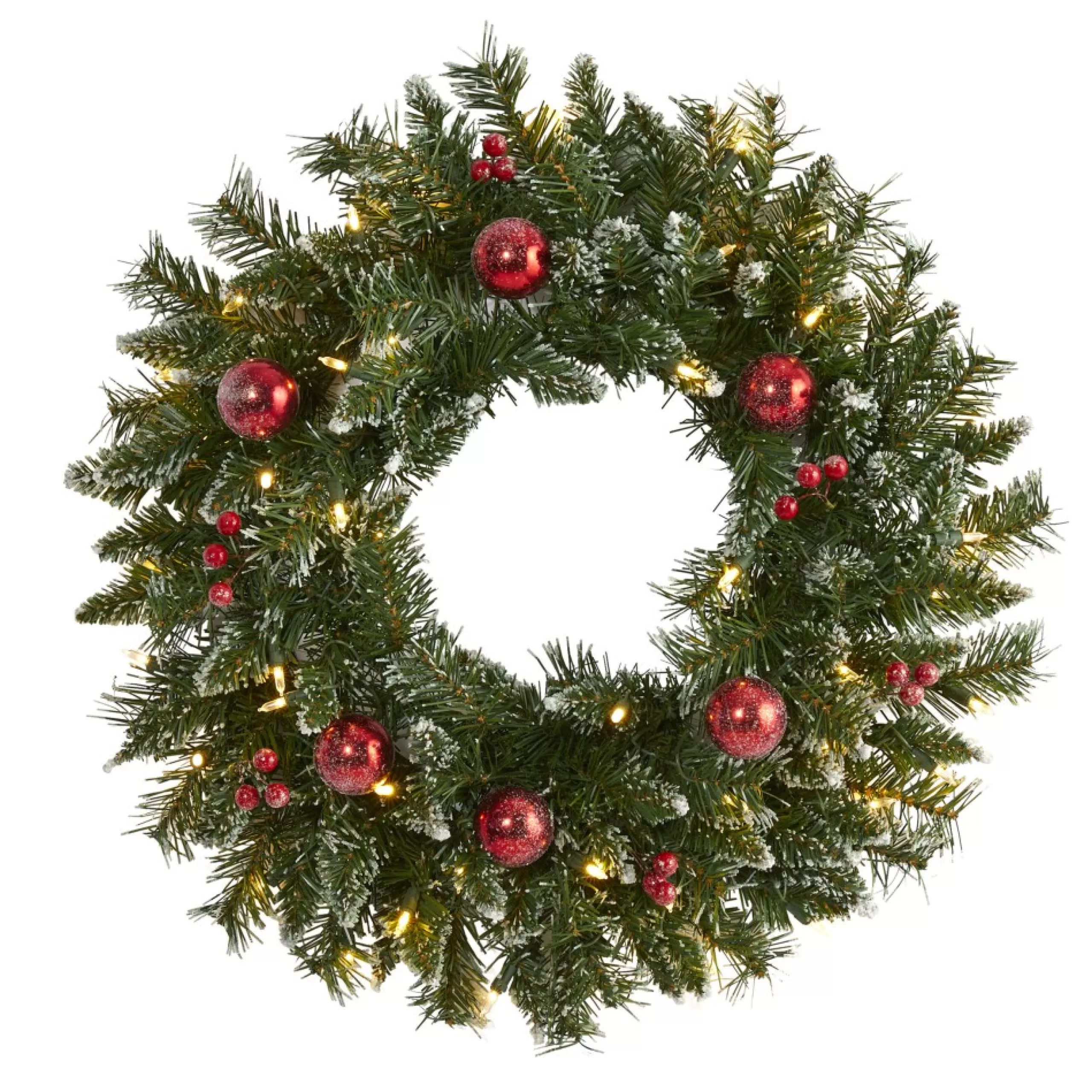 Frosted, Flocked, Iced Wreaths*Nearly Natural Pre-Lit Frosted Artificial Christmas Wreath, 24-Inch, Clear Led Lights