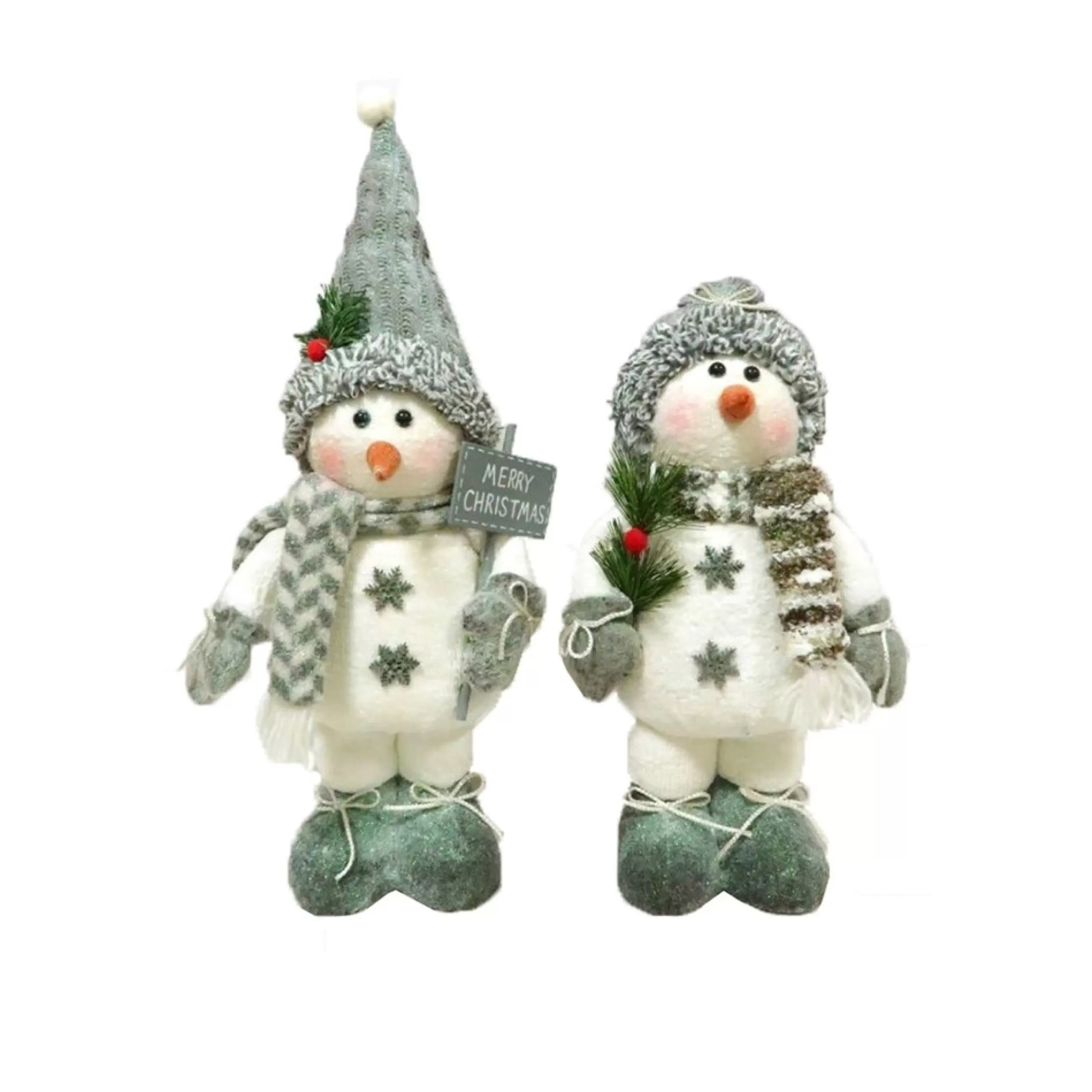 Commercial*CC Christmas Decor Set Of 2 Cheery Snowmen "Merry Christmas" Plushies 14"