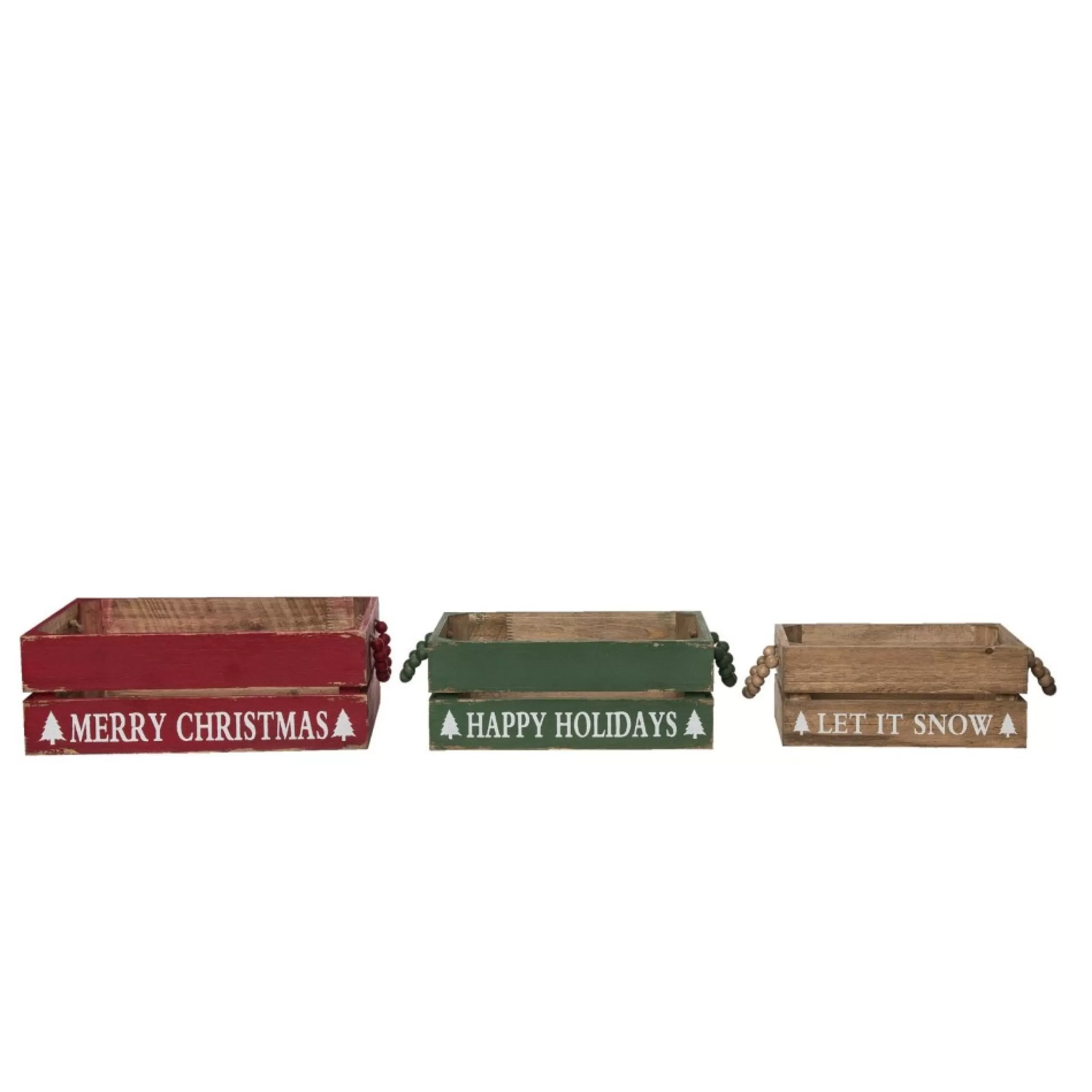 Decoration Storage*Contemporary Home Living Set Of 3 Beaded Handle Wooden Christmas Crates 14.75"